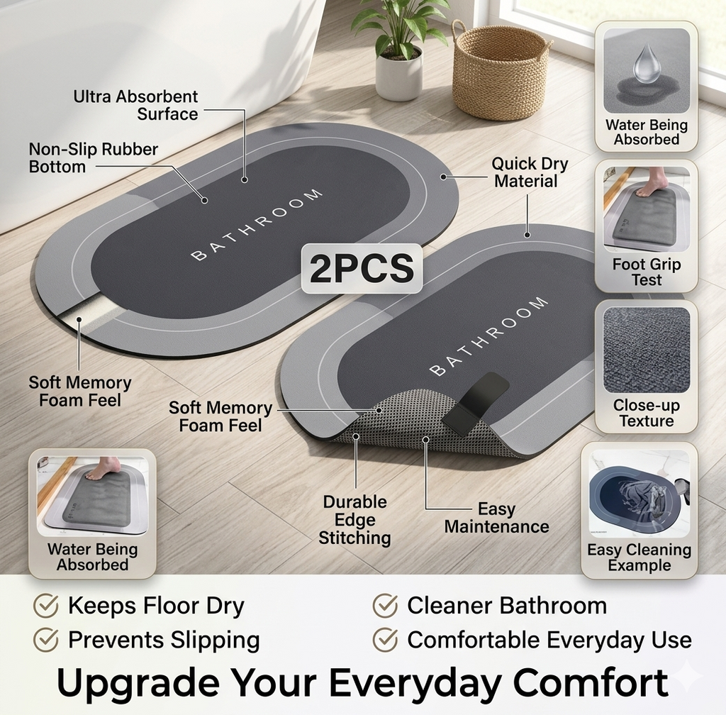 Buy 1 Get 1 FREE – Ultra Absorbent Non-Slip Bathroom Mat | Quick Dry, Soft & Anti-Skid Floor Rug
