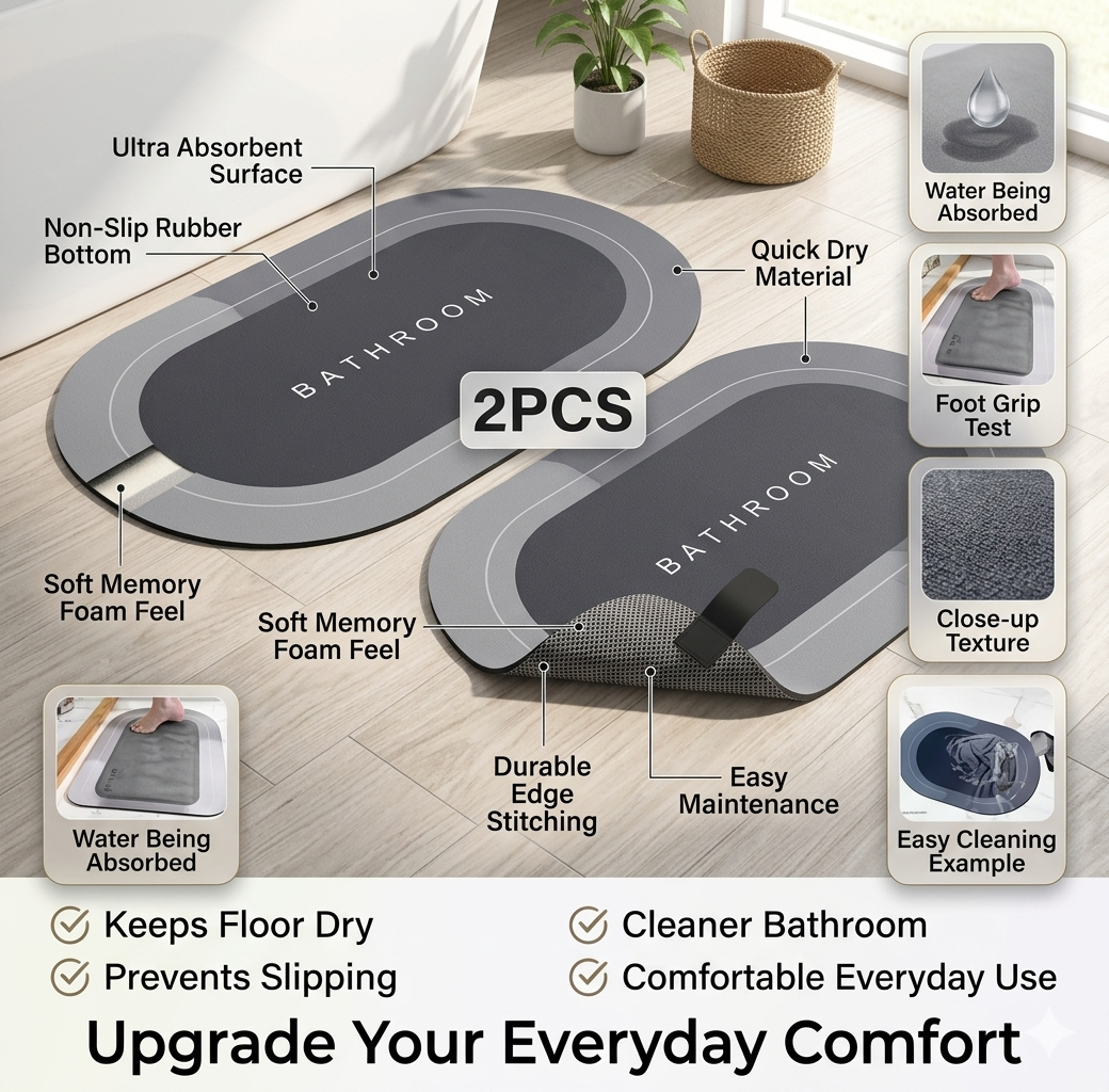 Buy 1 Get 1 FREE – Ultra Absorbent Non-Slip Bathroom Mat | Quick Dry, Soft & Anti-Skid Floor Rug
