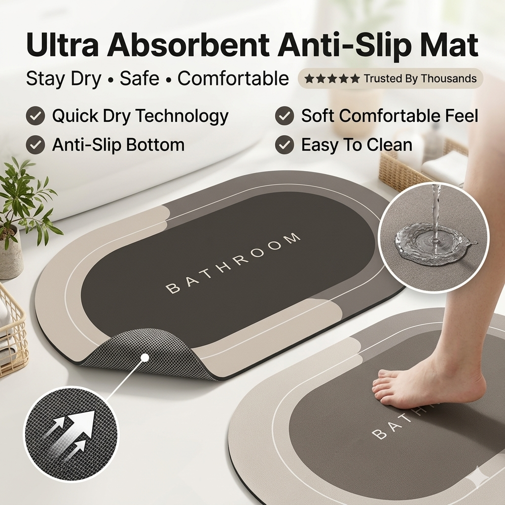 Buy 1 Get 1 FREE – Ultra Absorbent Non-Slip Bathroom Mat | Quick Dry, Soft & Anti-Skid Floor Rug